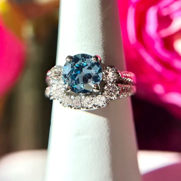 2.55 ctw Old European Cut Blue Lab and Natural Diamond Wedding Set - Picture 14 of 17